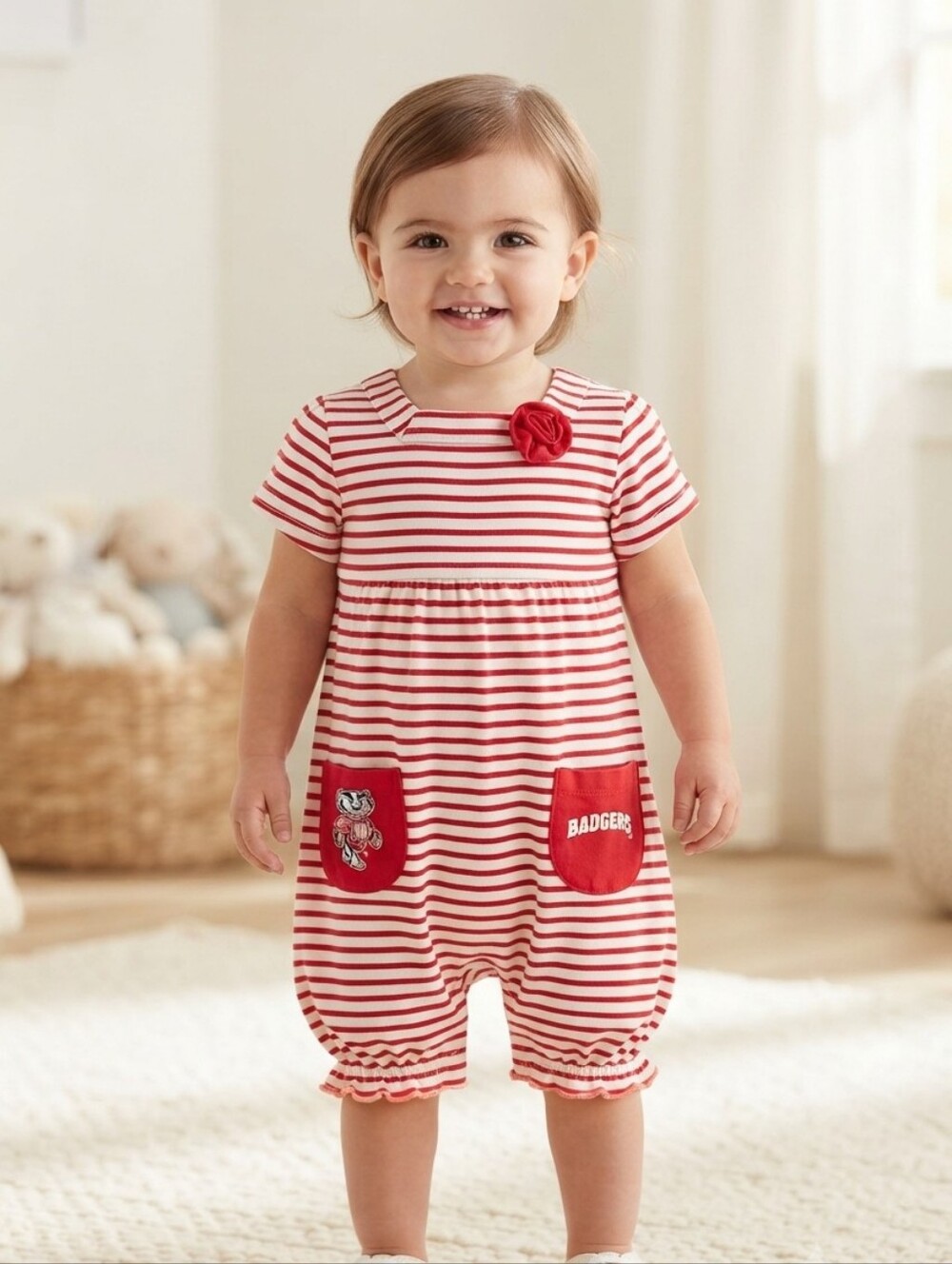 The Brand Label 12M Red and White Striped Wisconsin Badgers Romper